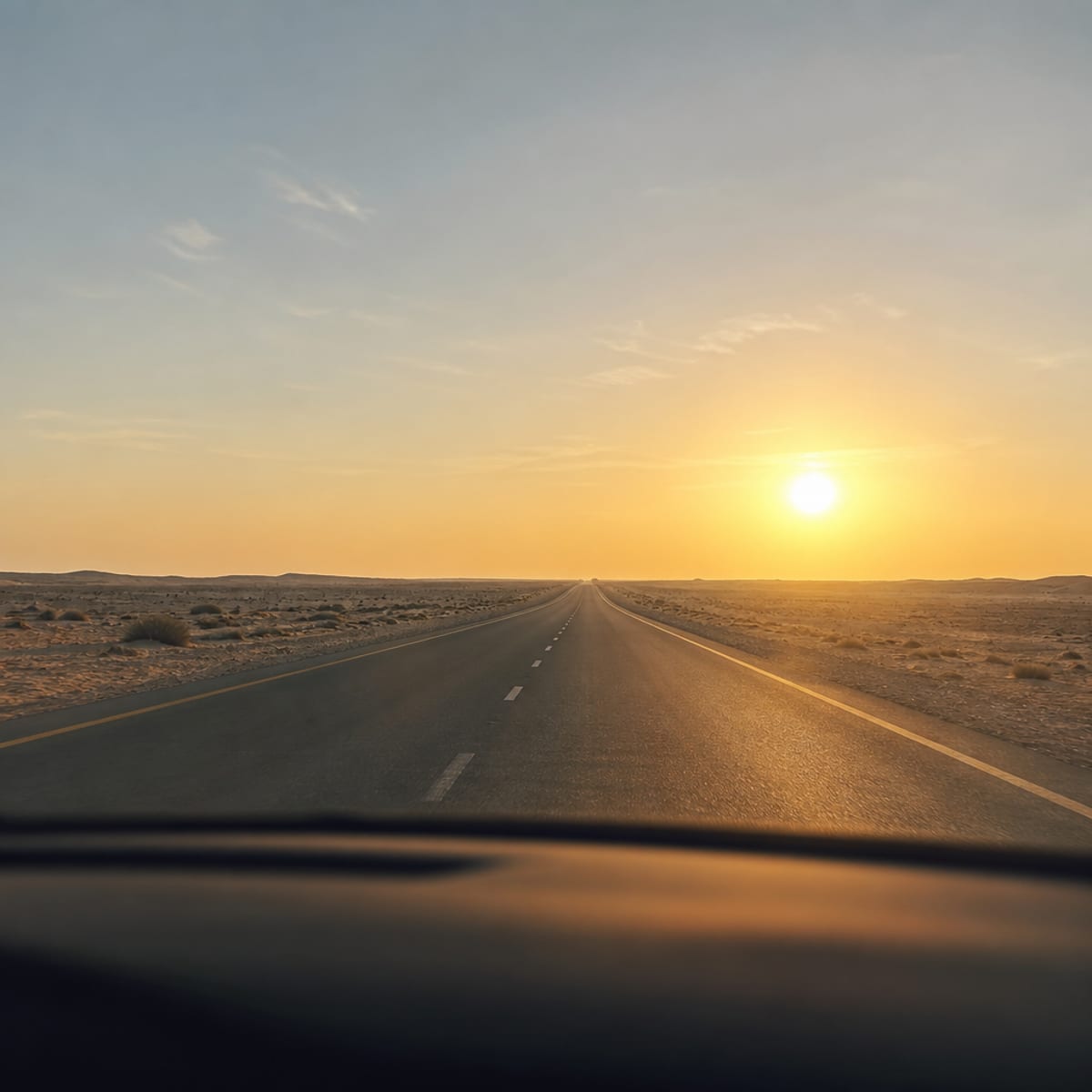 طريق صحراوي مفتوح يمتد مستقيمًا إلى أفق منخفض عند الغروب، مرئيًا إلى الأمام عبر الزجاج الأمامي ولوحة القيادة ضبابية داكنة عند الأسفل